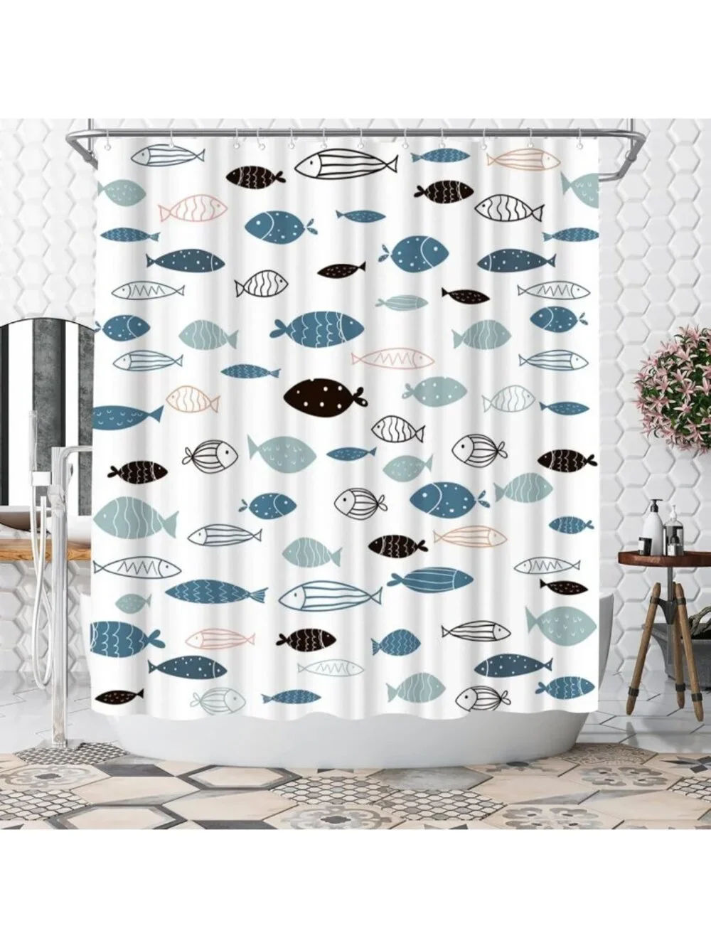 Ocean-Themed Fish Shower Curtain | Coastal Blue Bathroom Decor | Nautical Home